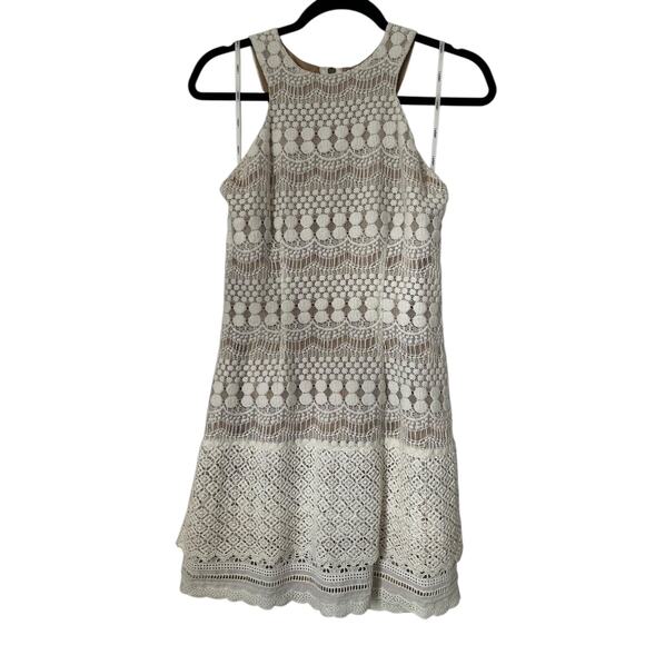 Ladakh Dress Size M Ivory Cream Beige Lace Crochet Overlay Lined Mini Halter - Picture 1 of 14